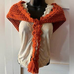 Burnt Orange Chunky knit shrug tassles bohemian cottage cozy